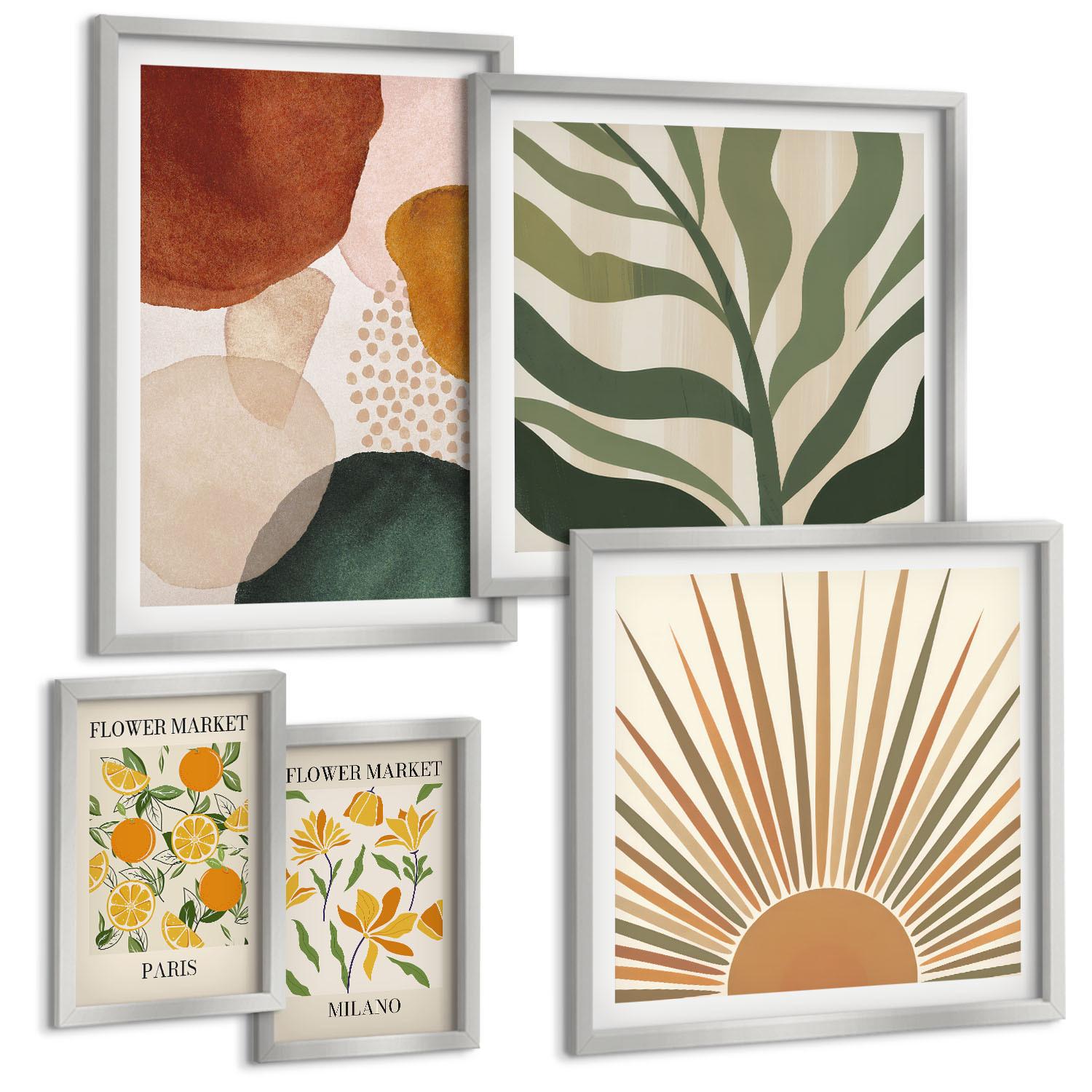 BILDER SET 5er Set - 50x50 cm & 20x30 cm & 40x60 cm Silberner Rahmen - Abstrakte Blumenmotive - Silberfarben, Kunststoff (40/60cm) - TULUP