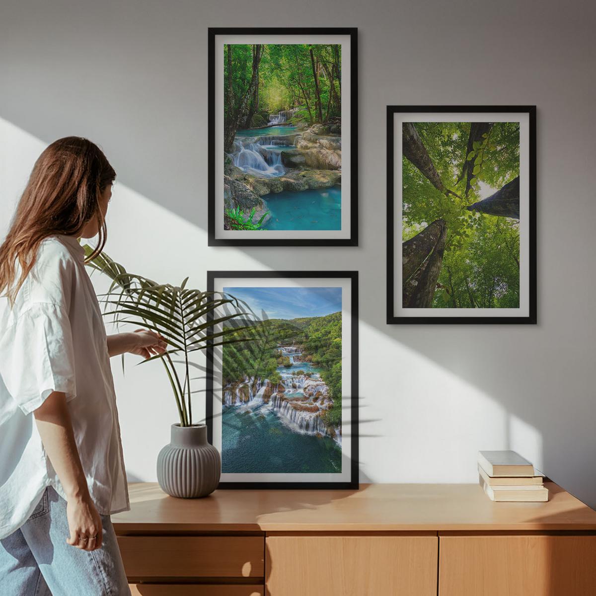 BILDER SET 3er Set - 40x60 cm Schwarzer Rahmen - Wasserfälle grüner Wald Wasser - Schwarz, Kunststoff (40/60cm) - TULUP