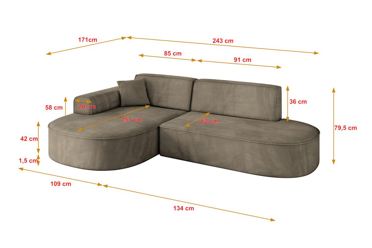 ECKSOFA Ottomane Links MARI-L1 - 243x171x79 cm Dunkelbraun Velours - Dunkelbraun/Schwarz, Holzwerkstoff/Kunststoff (243/171cm) - ALTDECOR
