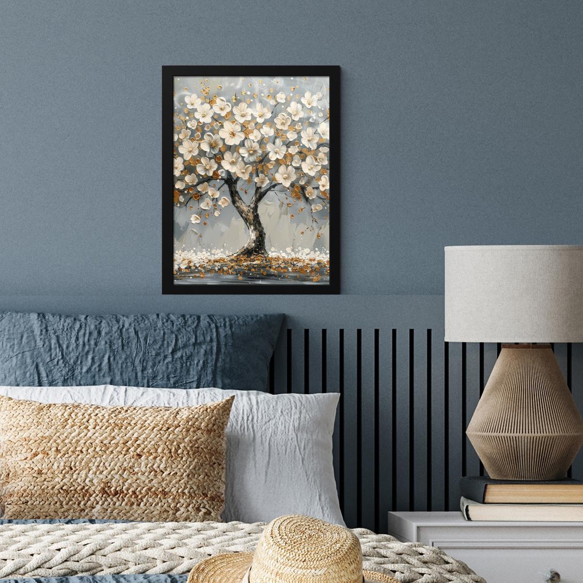 POSTER MIT RAHMEN Baum - Blumen - Weiß - Natur - Kunst Bilderrahmen 30x40 cm - Weiß, Papier (30/40cm) - MuchoWow