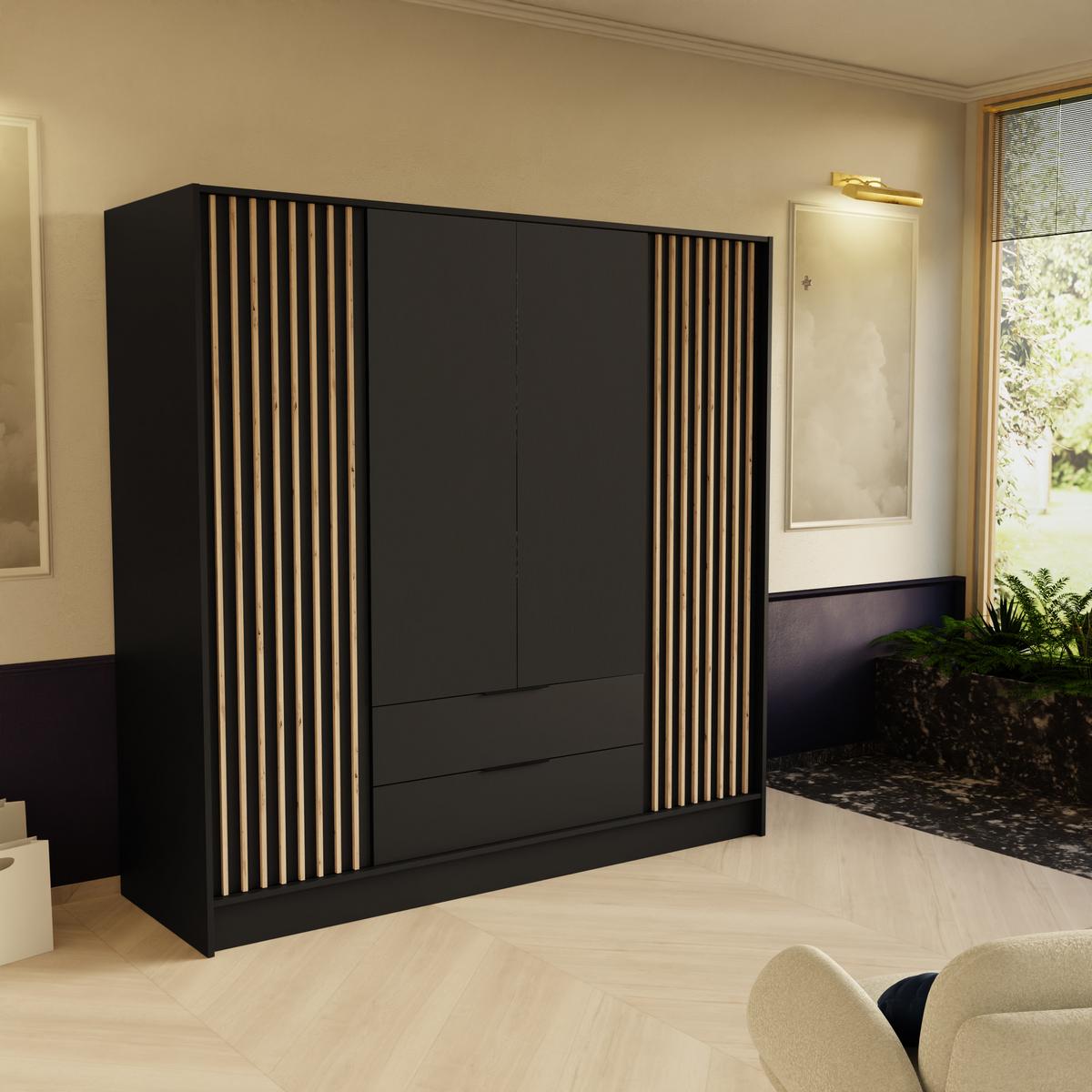 DREHTÜRENSCHRANK PELOR 200/200/51 cm Modern Kleiderschrank 4-türig Schwarz - Schwarz, Holzwerkstoff (200/200/51cm) - MASSENO