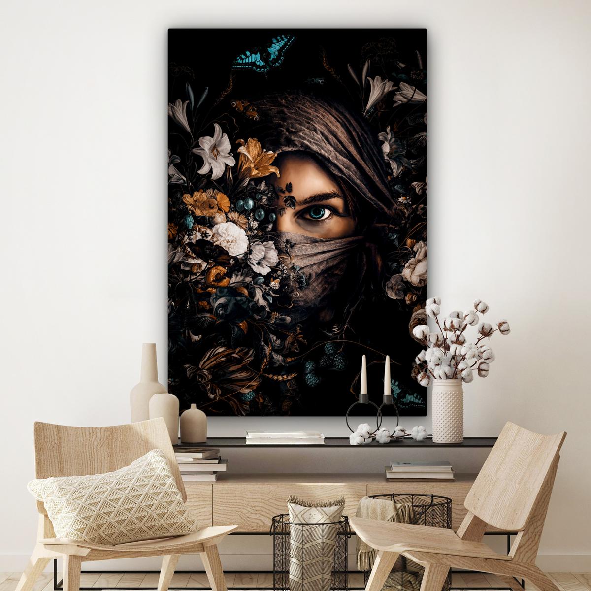 LEINWANDBILD Frau - Luxus - Blumen - Schmetterling - Porträt Deko Groß 90x140 cm - Schwarz, Textil (90/140cm) - MuchoWow