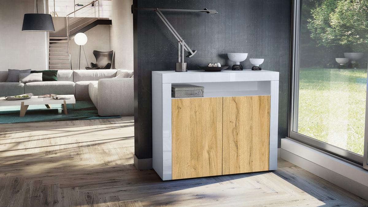 KOMMODE Valencia Eiche Natur/ Weiß Hochglanz - Eichefarben/Weiß, Holzwerkstoff (108/92/40cm) - Vladon