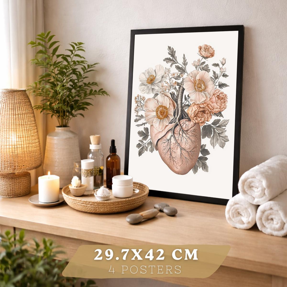 POSTER Set aus 4 Anatomie Mensch Florale Drucke und mit Schädel Herz Lungen und Skelett Botanische Aquarell dekoration Größe Schwarzer Rahmen A3 - Schwarz, Papier (29.7/42/3cm) - Nacnic