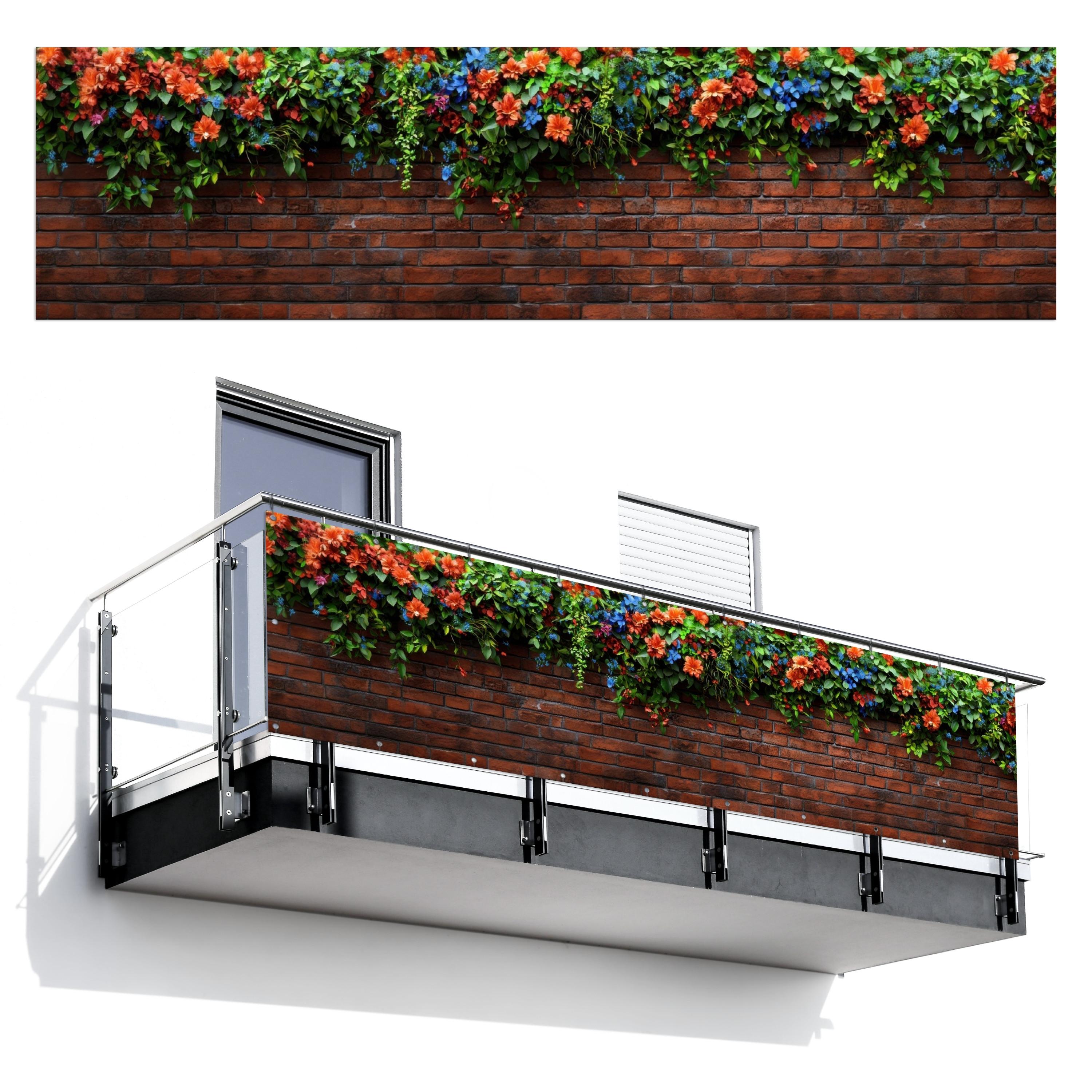BALKON-SICHTSCHUTZ Blumen - Wand - Grün - Orange Windschutz 300x85 cm - Rotbraun, Kunststoff (300/85cm) - MuchoWow