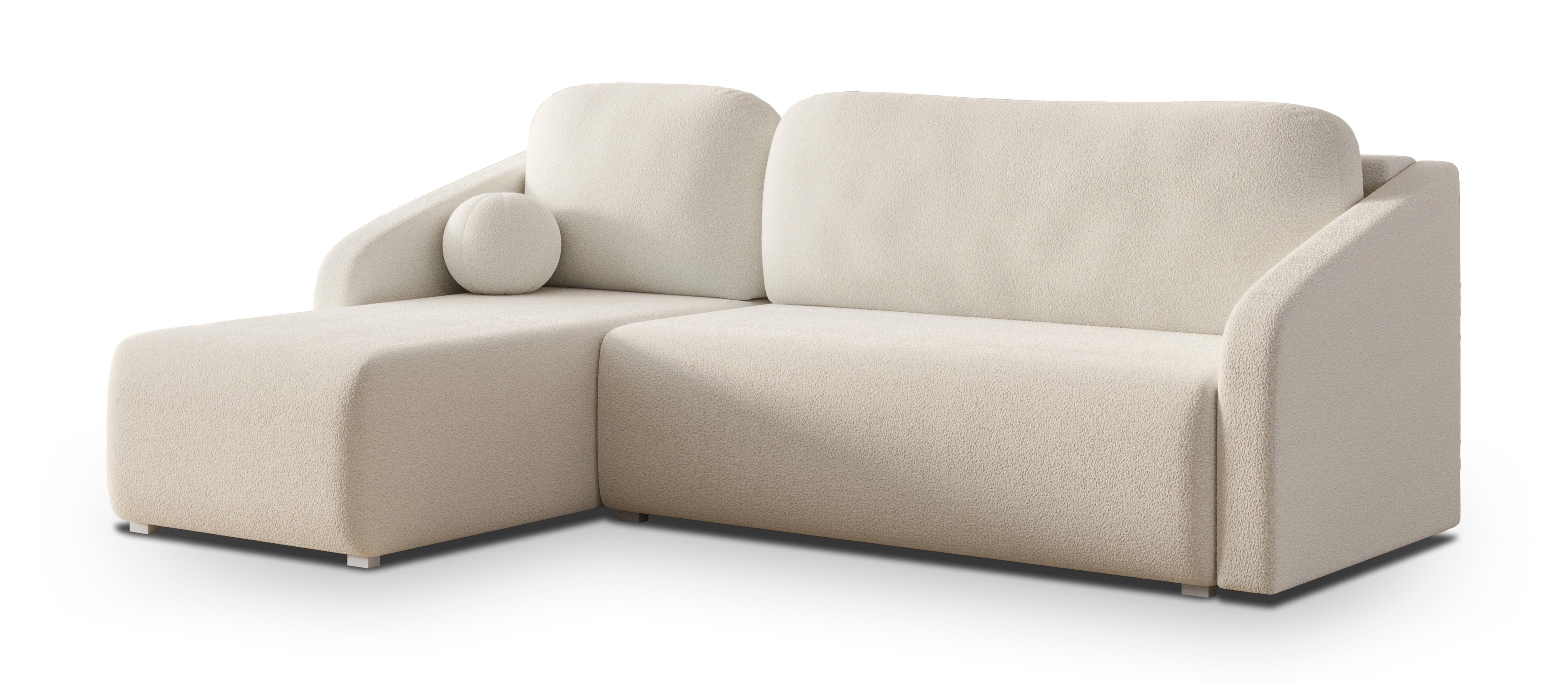 ECKSOFA MARELLO Creme Boucle-Stoff mit Schlaffunktion - Creme, Holz (220/143cm) - MASSENO