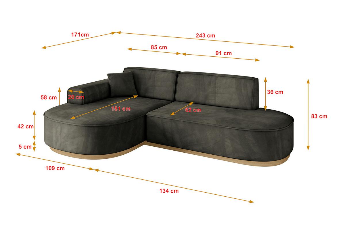 ECKSOFA Ottomane Links MARI-L1-v2 - 243x171x83 cm Schwarz Velours - Schwarz, Holzwerkstoff/Textil (243/171cm) - ALTDECOR