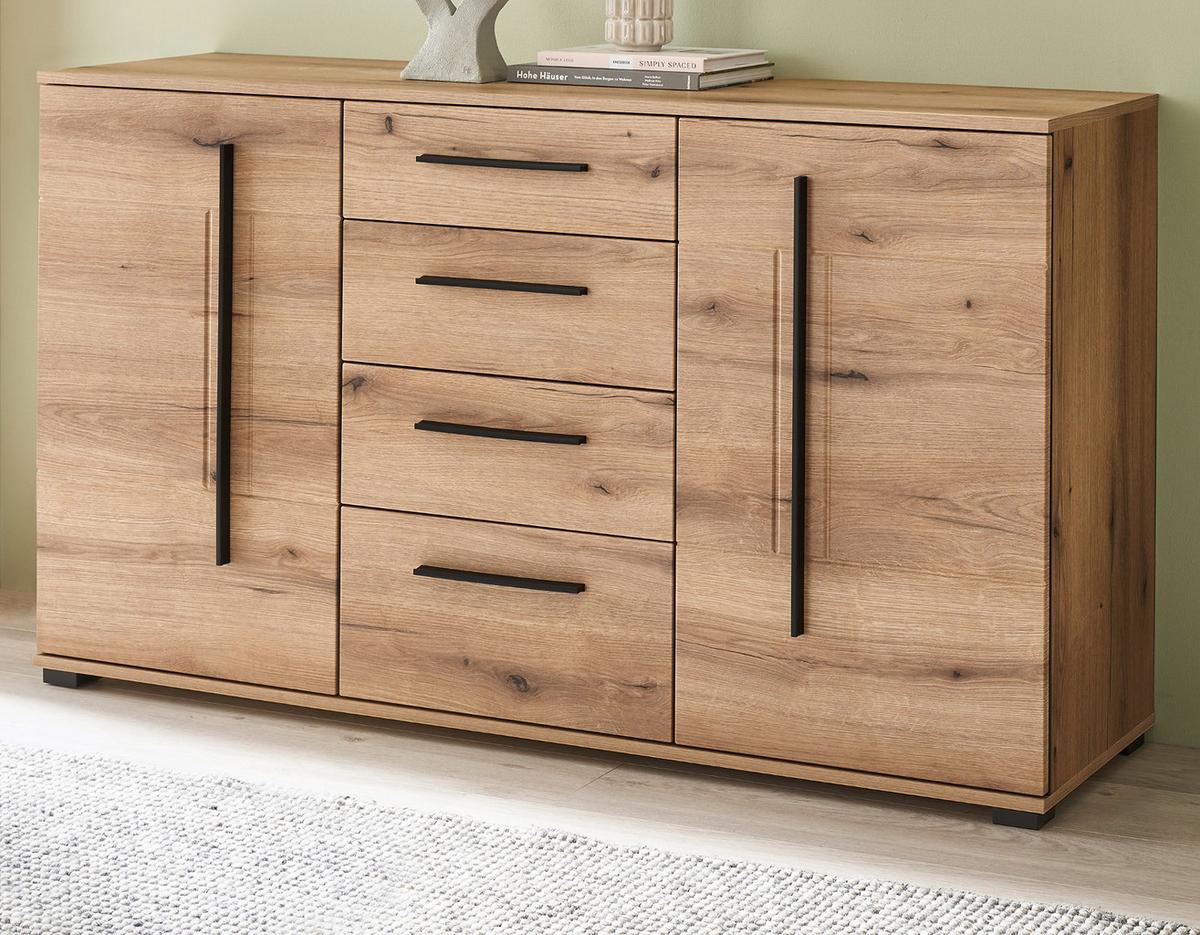 SIDEBOARD Eiche Evoke, Kommode 150 cm mit Soft-Close - Eichefarben/Schwarz, Holzwerkstoff/Kunststoff (150/86/42cm) - Furn.Design