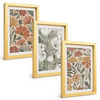BILDER SET 3er Set - 20x30 cm Goldrahmen - Blumenmuster in Orange und Grün - Goldfarben, Kunststoff (20/30cm) - TULUP