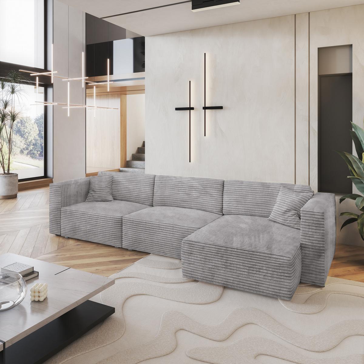ECKSOFA TOLMO Hellgrau Kordstoff mit Schlaffunktion - Hellgrau/Grau, Holz/Kunststoff (347/148cm) - MASSENO