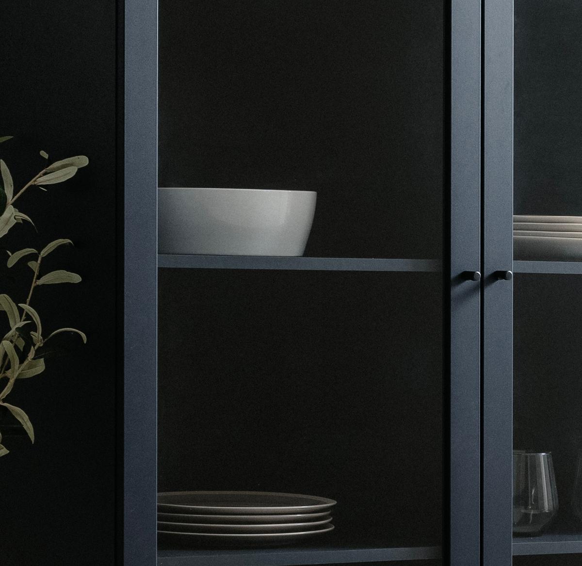 VITRINE blau 100 cm, Vitrinenschrank mit 8 Fächern - Blau/Schwarz, Glas/Holzwerkstoff (100/183/40cm) - Furn.Design
