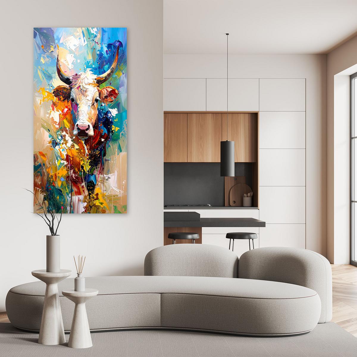 LEINWANDBILD Bunte Kuh Bulle Tiere Gemalt 40x80cm - Multicolor, Textil (40/80cm) - Feeby