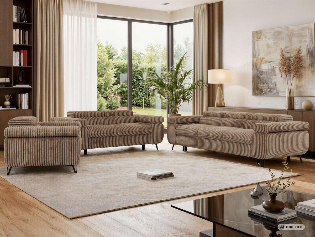 SITZGARNITUR PETER 1+2+3 mit Schlaffunktion - Braun Cord - Schwarz/Braun, Textil/Metall (262/76/99cm) - MKS