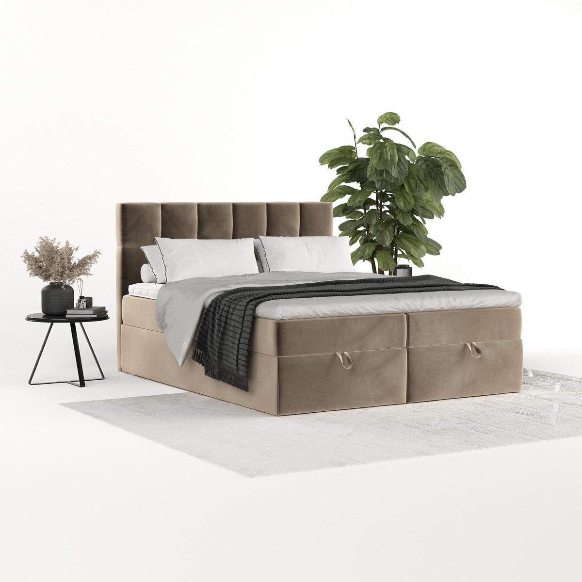 BOXBETT Savio 140/200 cm Taupe im Paros Stoff - Taupe/Schwarz, Holz/Holzwerkstoff (140/200cm) - AltaBeds