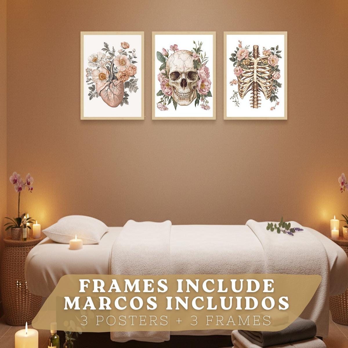 POSTER Set aus 3 Anatomie Mensch Florale Drucke und Wandbilder mit Herz Schädel und Brustkorb Weicher Vintage Stil Größe Leichter Holzrahmen A3 - Beige, Papier (29.7/42/3cm) - Nacnic