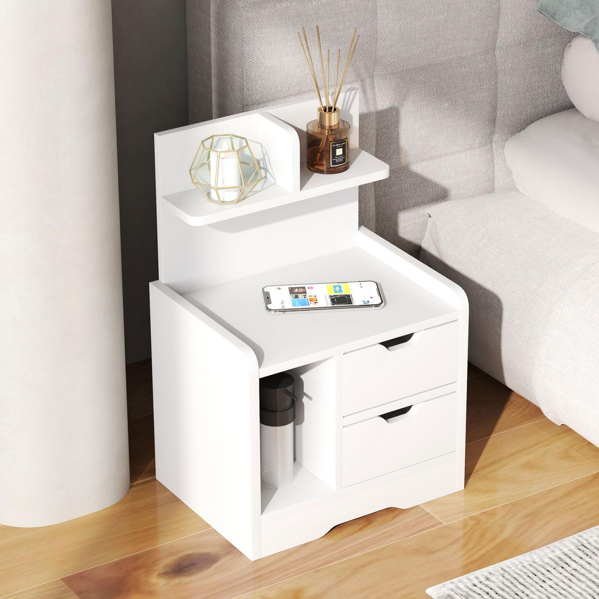 NACHTTISCH mit 2 Schubladen, Beistelltisch, Nachtschrank mit offenen Ablage Weiß - Weiß, Holzwerkstoff (30/60/40cm) - HOMCOM