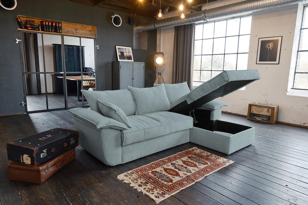 ECKSOFA DAMETO Hellblau Cord Mit Schlaffunktion - Schwarz/Hellblau, Kunststoff/Textil (266/174cm) - KAWOLA