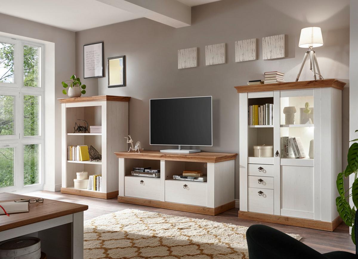 WOHNWAND weiß Pinie, Eiche Wotan, Landhaus Schrankwand 3-teilig 376 x 139 cm - Eichefarben/Silberfarben, Holzwerkstoff/Metall (376/139/52cm) - Furn.Design