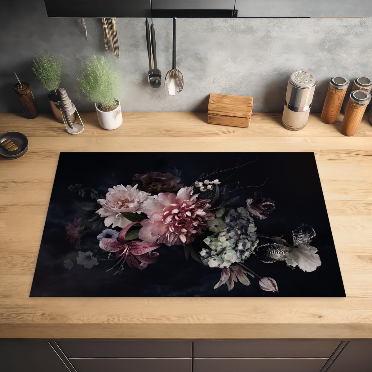 HERDABDECKPLATTE Blumen - Vintage - Pastell - Rosa - Weiß Induktionsschutz 80x52.2 cm - Altrosa, Kunststoff (80.2/52.2/0.2cm) - MuchoWow