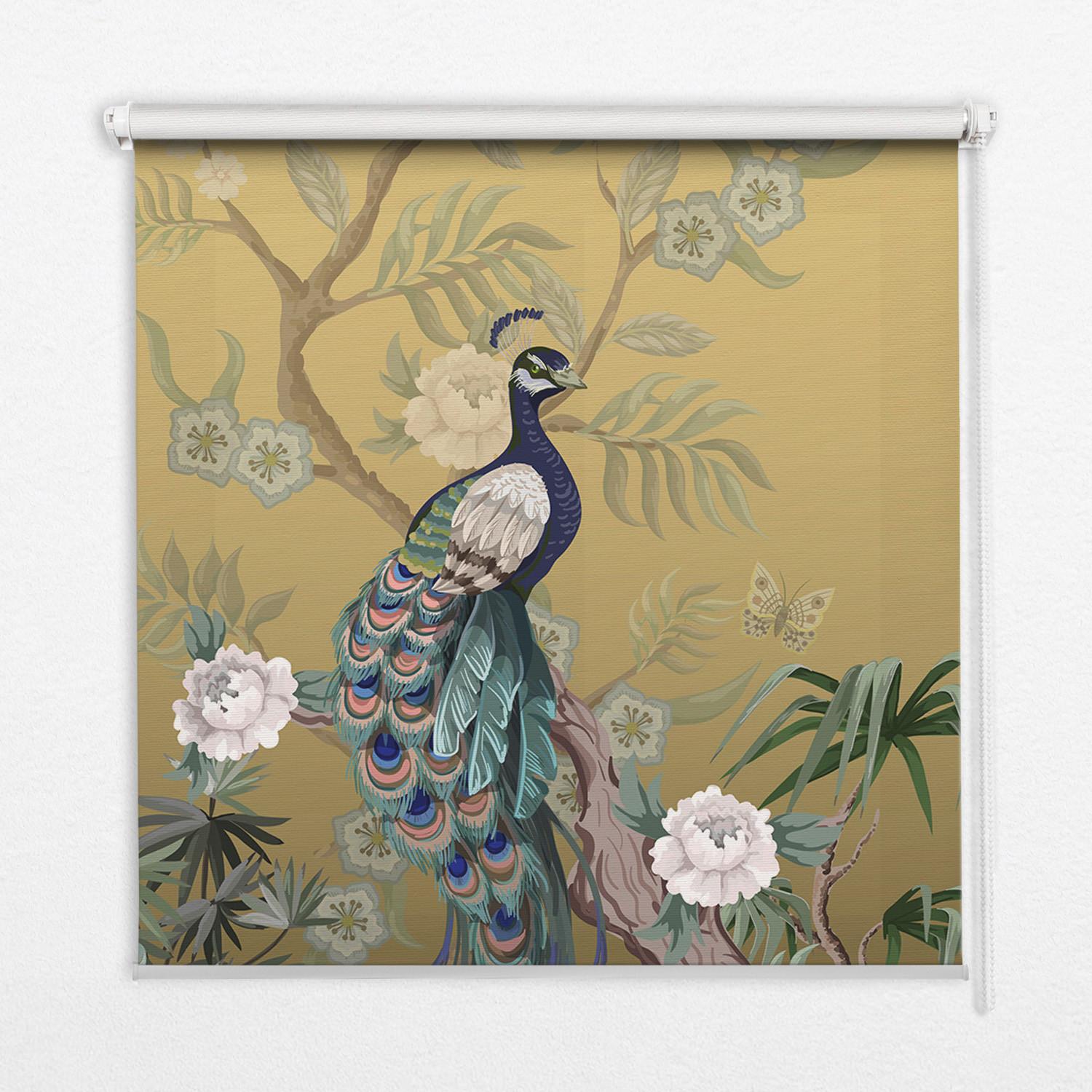 INNENROLLO - Fensterrollo - Rollo - 100x140 cm - Pfau auf einem Baum - Gelb, Kunststoff (100/140/0.5cm) - TULUP
