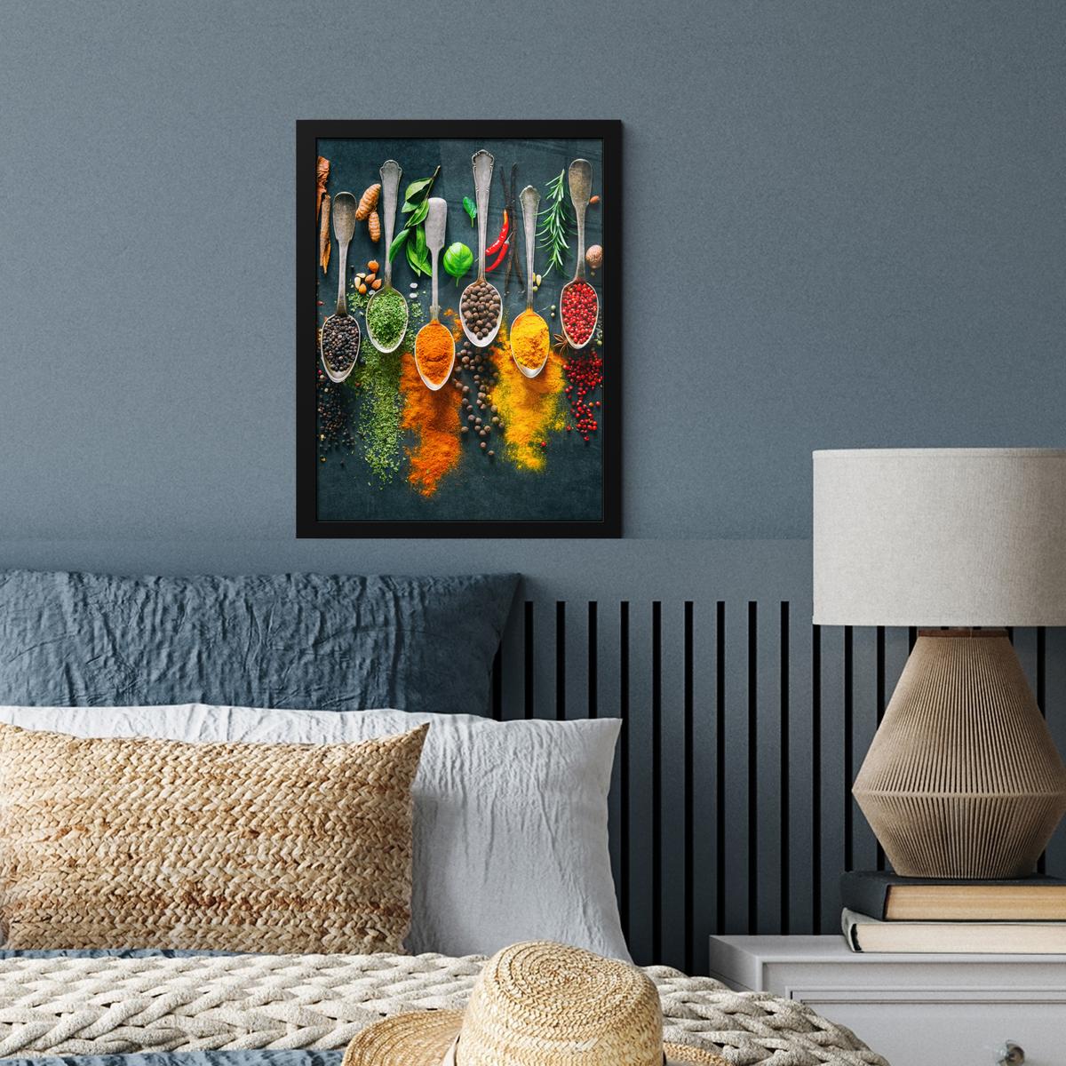 POSTER MIT RAHMENGERAHMTES BILD Kräuter - Gewürze - Löffel Bilderrahmen 30x40 cm - Currygelb, Papier (30/40cm) - MuchoWow