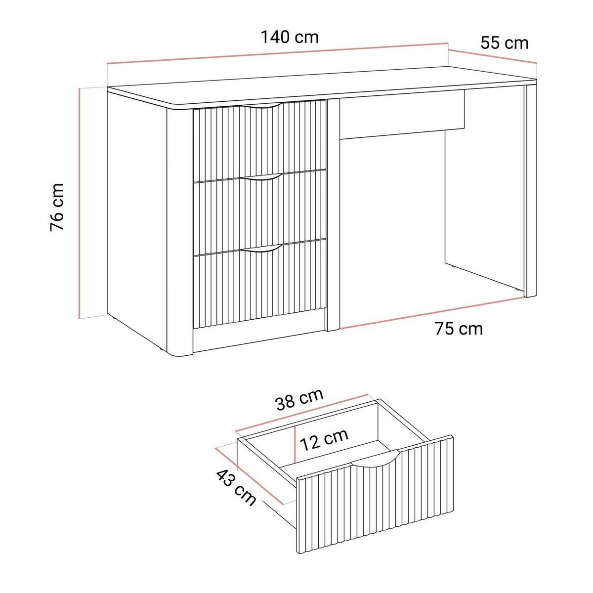 SCHREIBTISCH SCARLETT mit geriffelten Schubladen - Beige, Holzwerkstoff (55/140/76cm) - Lookway