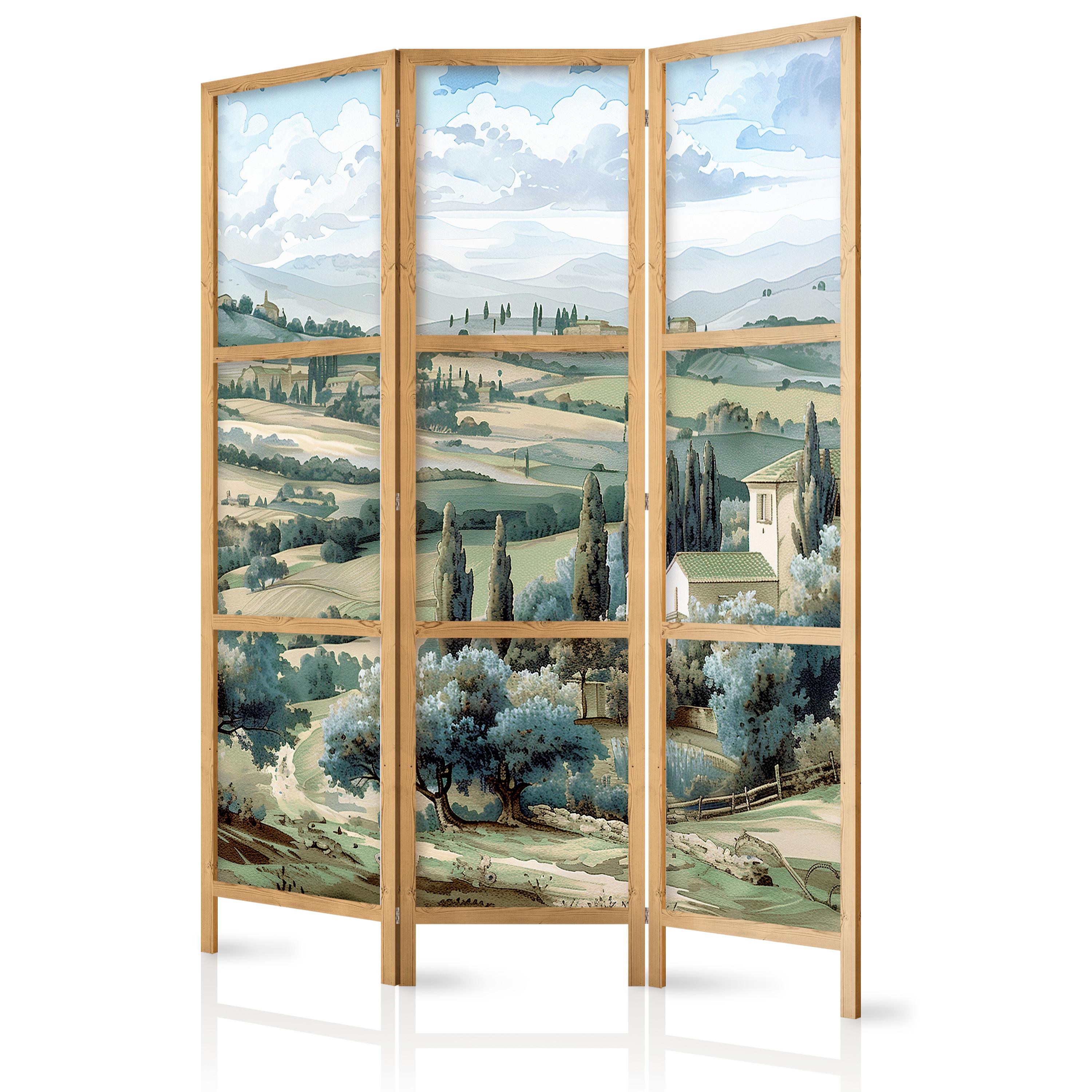 PARAVENT Japanischer 3-tlg 135x172 cm Gr ne Landschaft - Multicolor, Holz/Textil (135/172/3cm) - Muralo