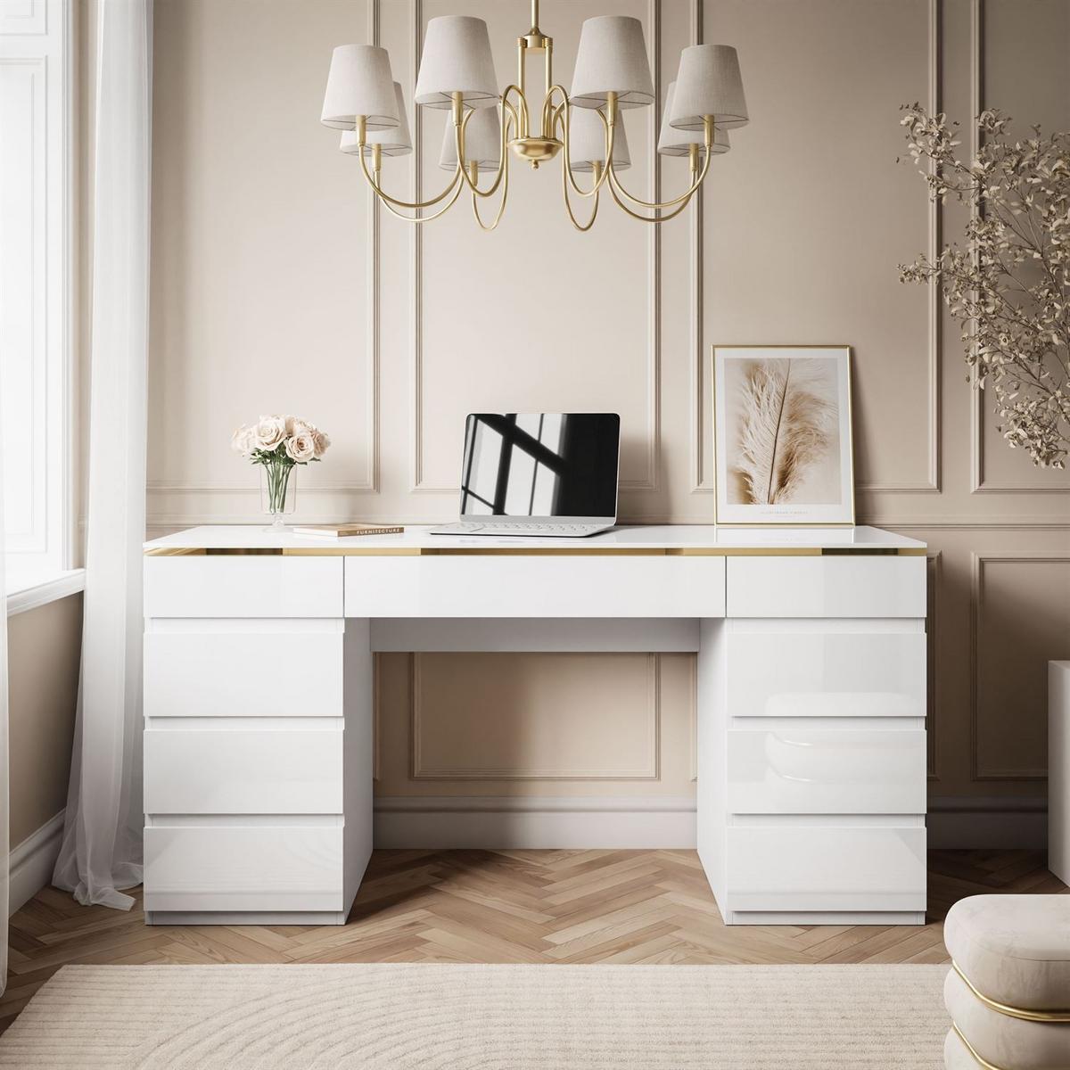 SCHREIBTISCH AURORA DOUBLE GOLD mit Schubladen - Weiß, Holzwerkstoff (55/156.8/79.2cm) - Lookway