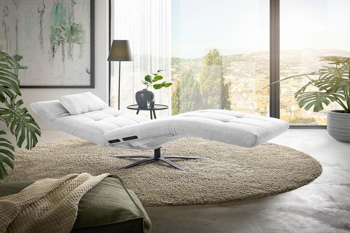 RELAXLIEGE LETICIA Weiß Cord Drehbar (360°), Relaxfunktion - Schwarz/Weiß, Textil/Metall (82/115/156cm) - KAWOLA