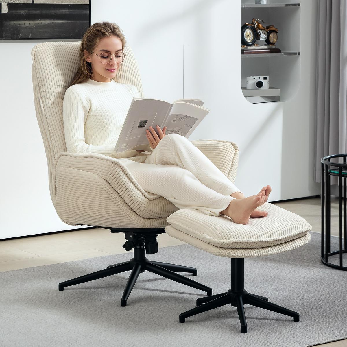 RELAXSESSEL mit Hocker 360°Drehbarer Fernsehsessel mit Liegefunktion, Cord Beige - Beige/Schwarz, Textil/Metall (72/107/83cm) - HOMCOM