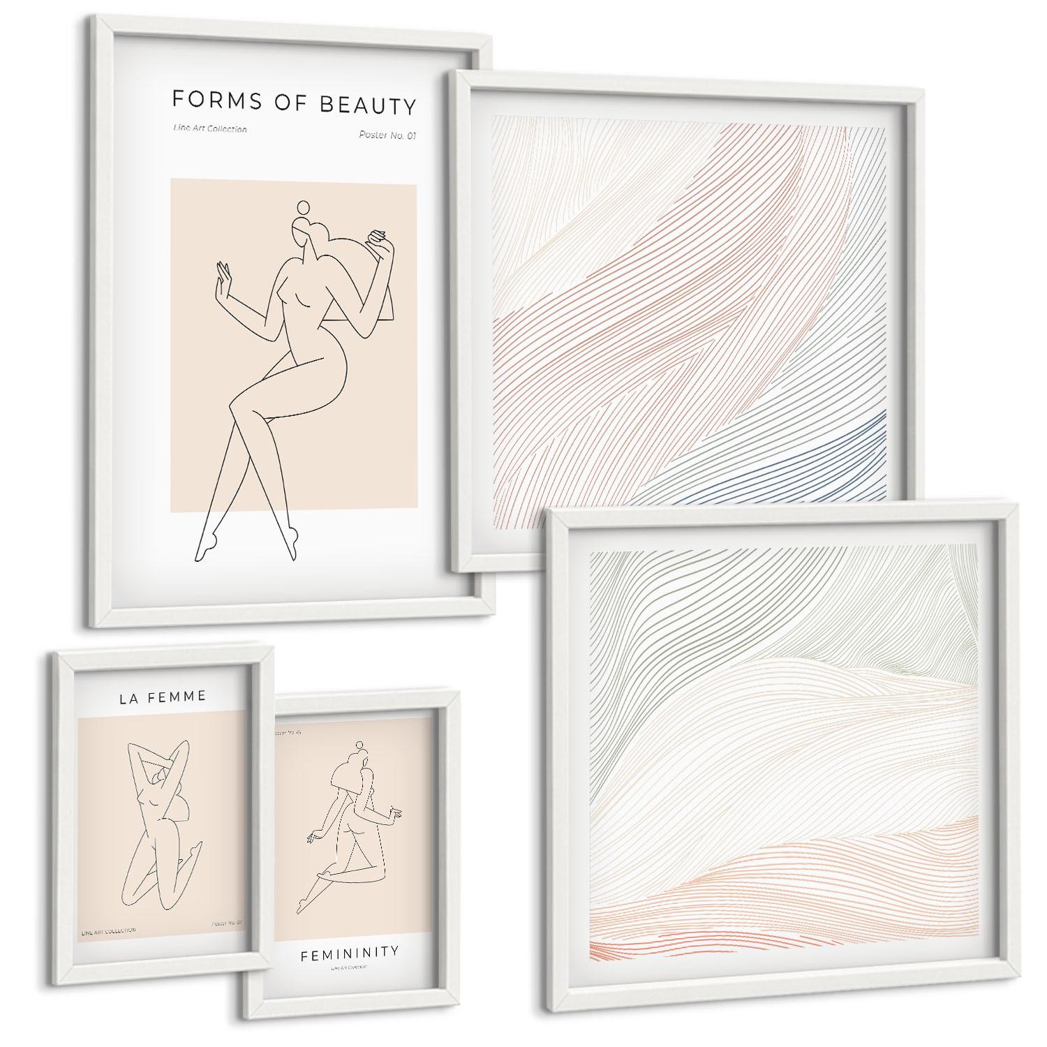 BILDER SET 5er Set - 50x50 cm & 20x30 cm & 40x60 cm Weißer Rahmen - Weibliche Silhouetten auf Plakaten - Weiß, Kunststoff (40/60cm) - TULUP