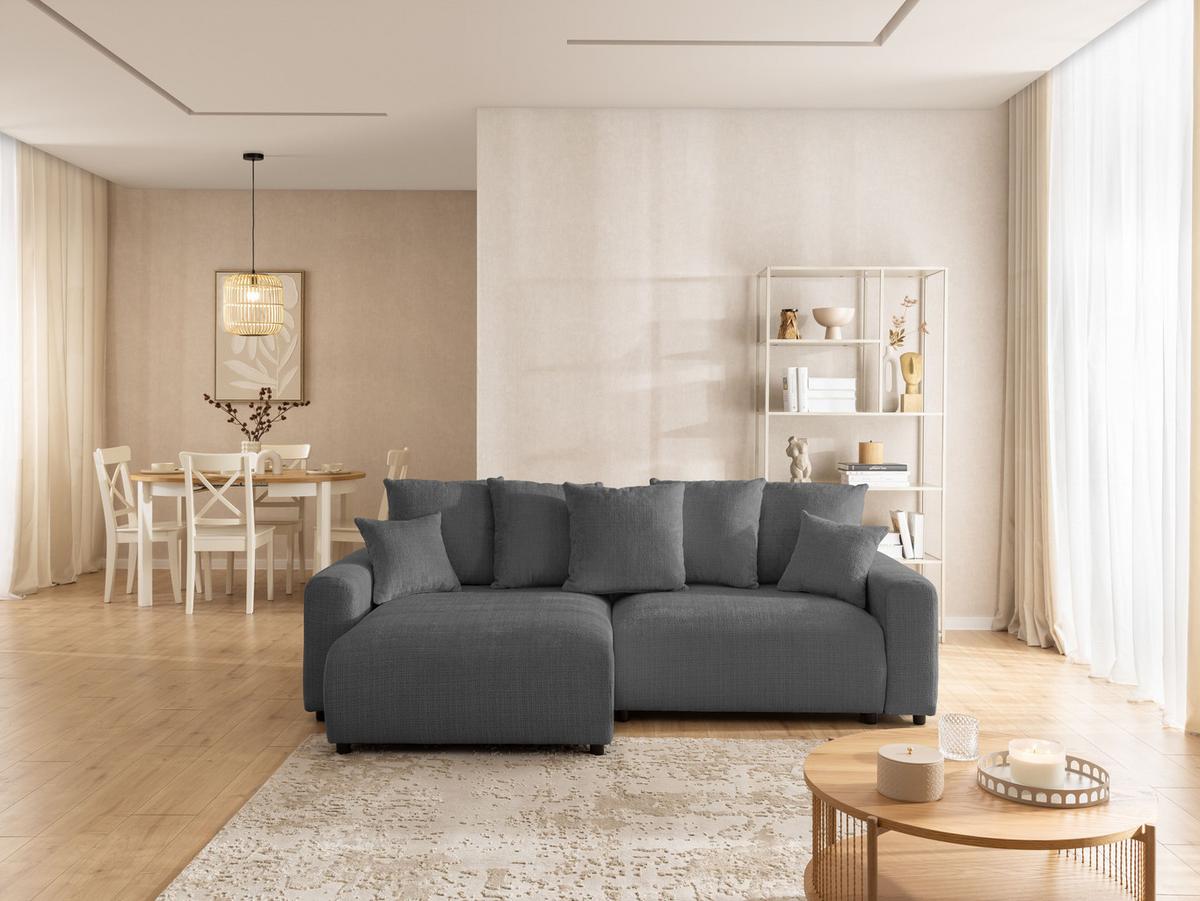 ECKSOFA Calma mit Schlaffunktion und Bettkasten im Bumpy-Design aus weichem Grau Chenille-Stoff - Ottomane links - Beige/Schwarz, Holz/Kunststoff (140/239cm) - S-Style Möbel