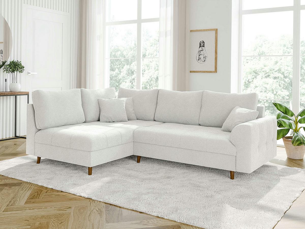 ECKSOFA inkl. Hocker Henrik Weiß Boucle - Ottomane links - Weiß/Braun, Holz/Textil (231/161cm) - S-Style Möbel