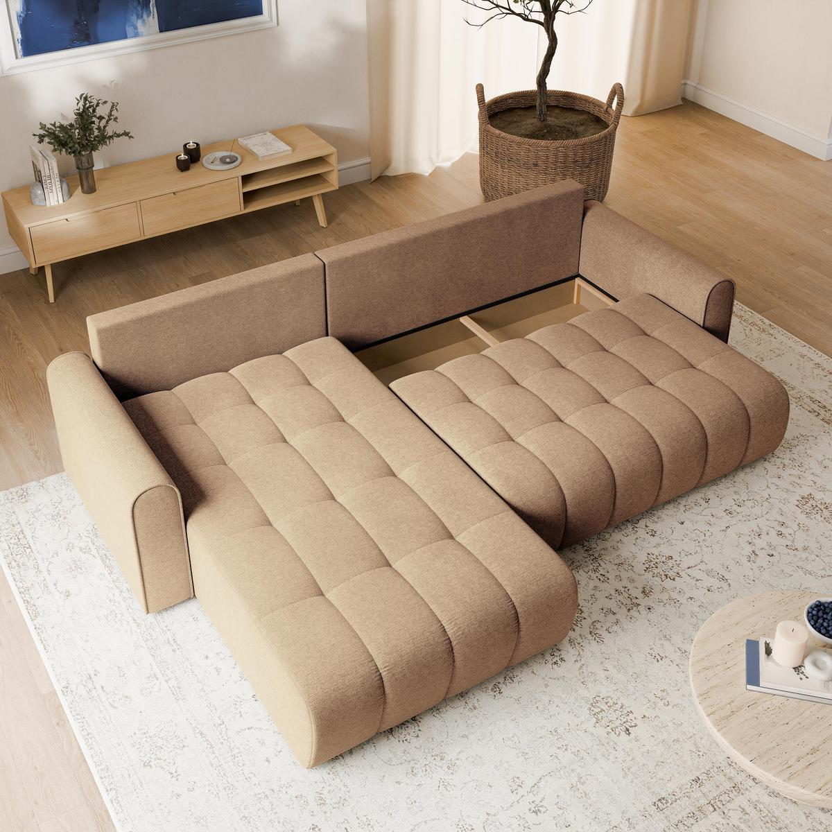 ECKSOFA FRIGA Beige Strukturstoff mit Schlaffunktion - Beige, Holz (283/185cm) - MASSENO