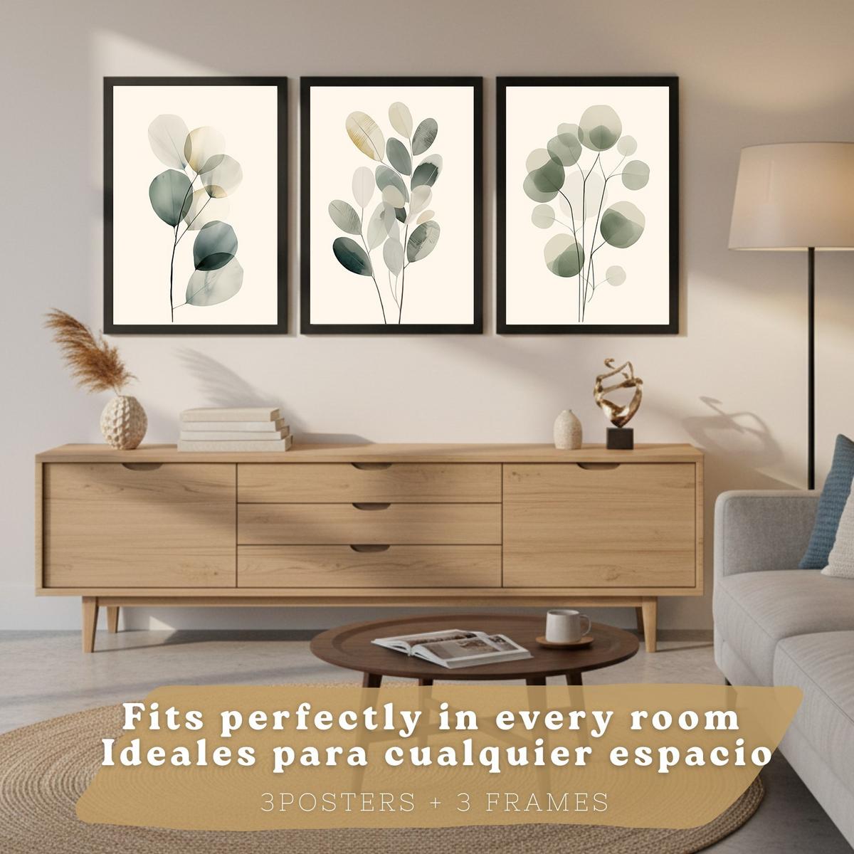POSTER 3er Bilder-Set Wandbilder Pflanzen Minimalistisch modern Wohnzimmer Deko, Schlafzimmer, Küche, Badezimmer Schwarzer Rahmen A4 - Schwarz, Papier (29.7/1/21cm) - Nacnic