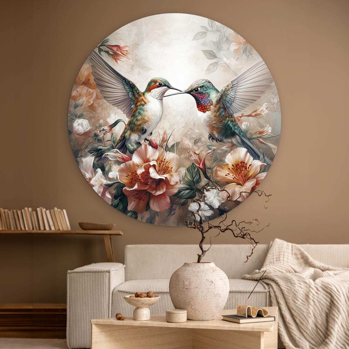 WANDBILD Kolibri - Vögel - Blumen - Natur Deko Groß 150x150 cm - Altrosa, Kunststoff (150/150cm) - MuchoWow