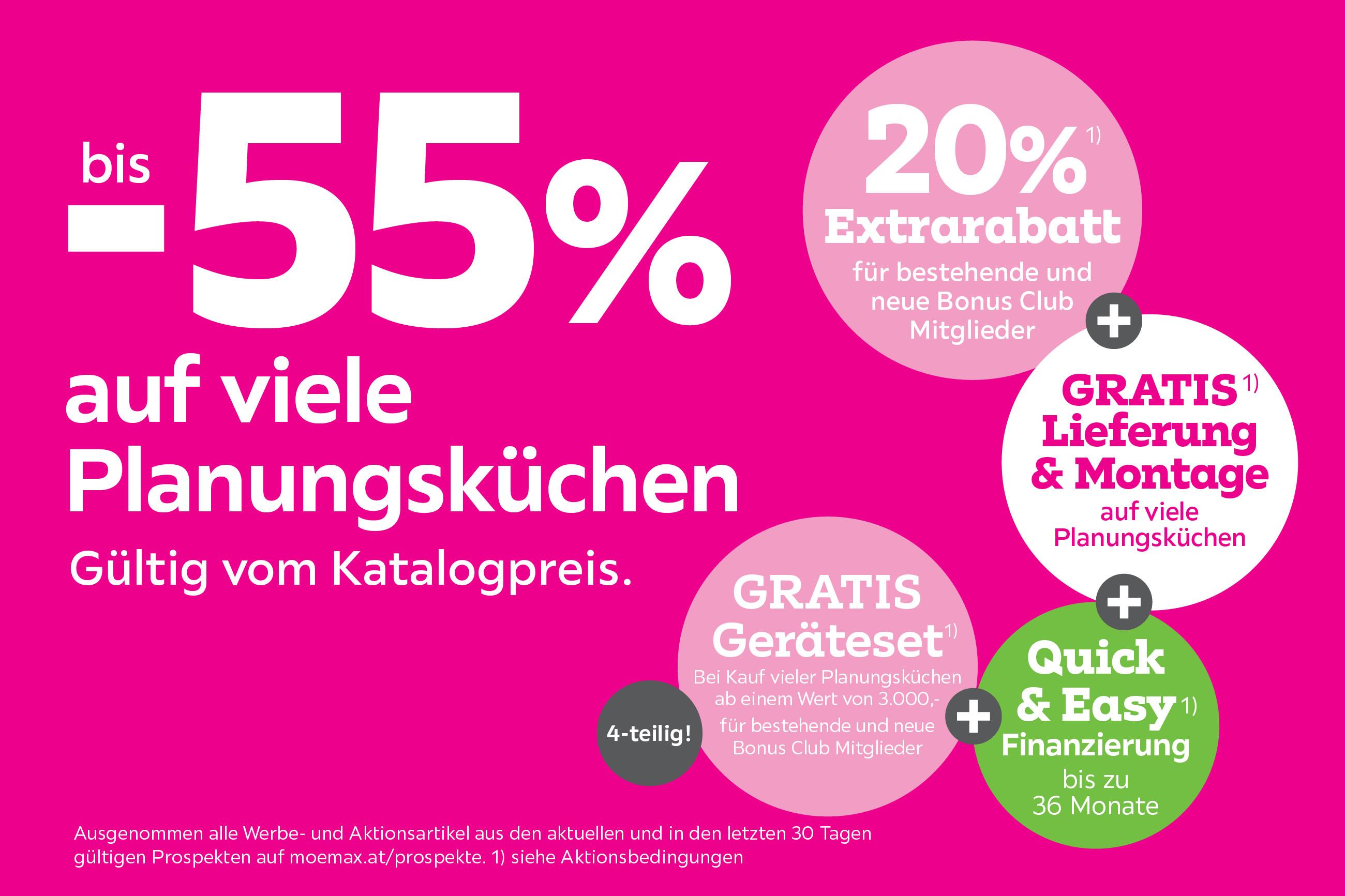 bis -55% auf viele Planungsküchen + 20% Extrarabatt für bestehende und neue Bonus Club Mitglieder + Gratis Lieferung & Montage auf viele Planungsküchen