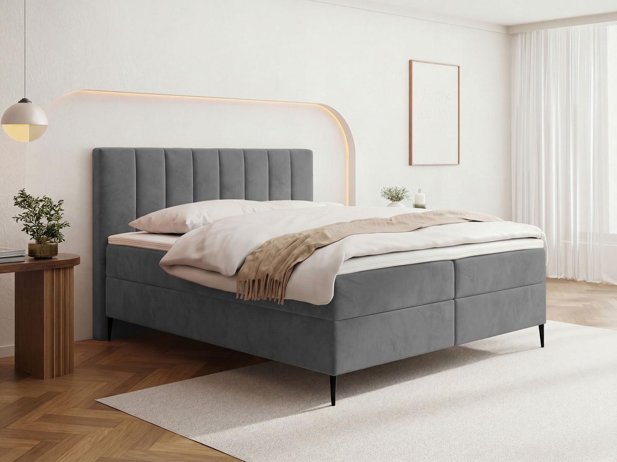 BOXBETT Allen mit Bettkasten, Samt Grau 200x200 cm – inkl. H4 Taschenfederkern Matratze & Foam Topper - Schwarz/Grau, Textil/Metall (200/200cm) - WFL GROUP