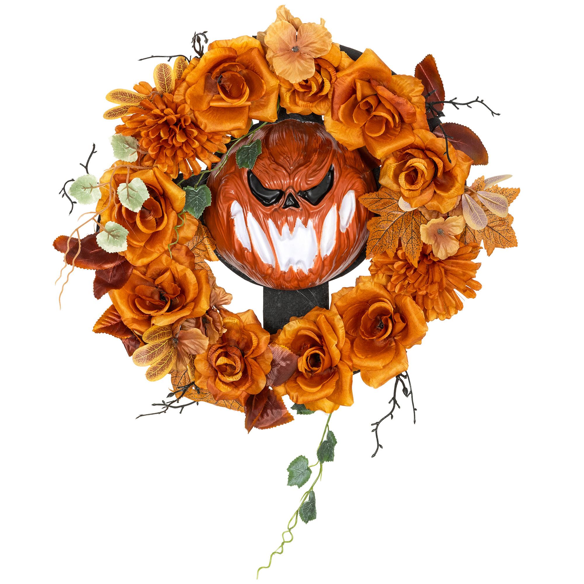 HALLOWEEN Dekoration Hängender Kürbis-Kranz mit 44 LEDs mit Flammeneffekt - Orange, Textil (9/44/44cm) - Outsunny