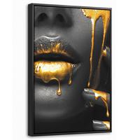LEINWAND Bilder mit Rahmen - Frau - Schwarz - Gold - Gesicht - Lippen - 20x30 - Goldfarben, Textil (20/30cm) - MuchoWow