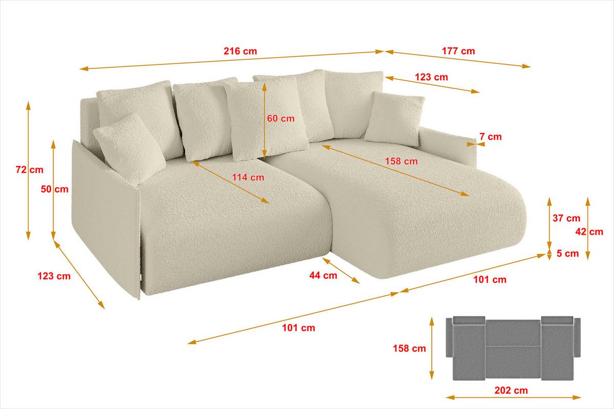 ECKSOFA Ottomane rechts ONESK-L -v1 216x177x72 Beige Bouclé - Hellbraun/Creme, Holzwerkstoff/Kunststoff (177/216cm) - ALTDECOR