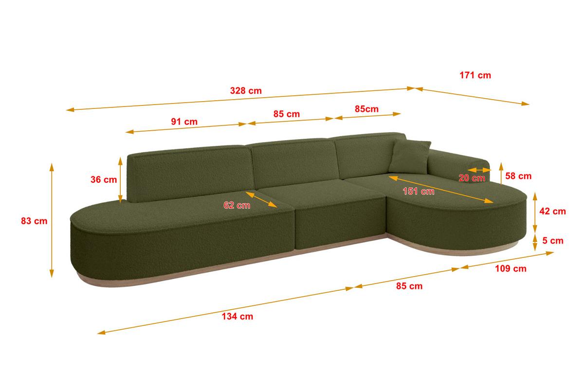 ECKSOFA Ottomane Rechts MARI-L2-v1 - 328x171x83 cm Grün Bouclé - Grün, Holzwerkstoff/Textil (171/328cm) - ALTDECOR