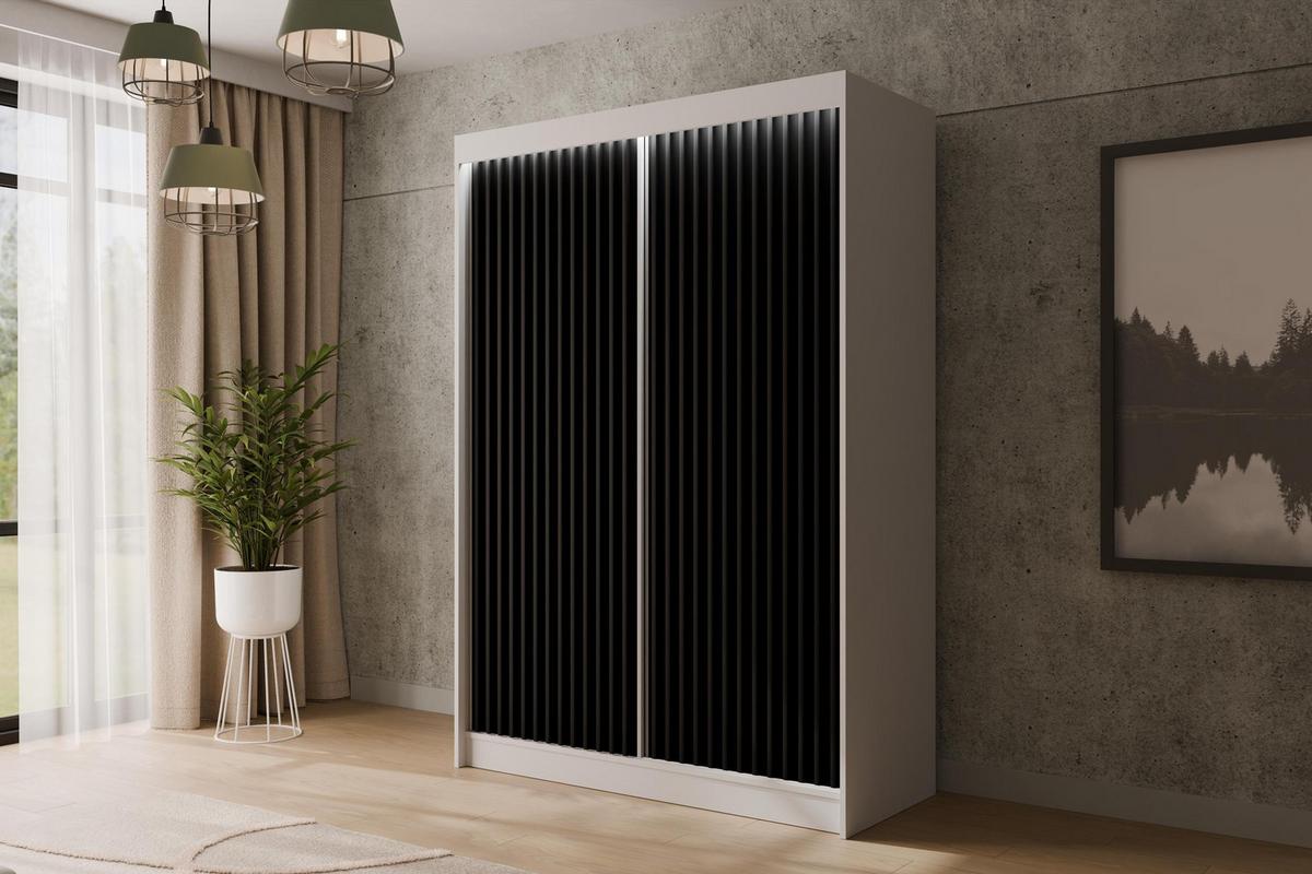 KLEIDERSCHRANK mit LED, Lamel-Schiebetüren VILANv2 - 150 cm Weiß + Lamelle schwarz - Schwarz/Weiß, Holzwerkstoff (150/215/61cm) - ALTDECOR