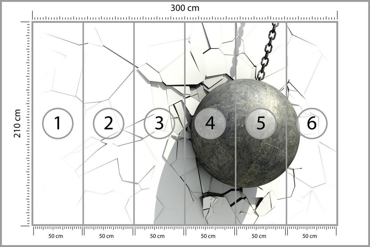 FOTOTAPETE für Büro Metallkugel Riss Weiße Wand 300x210 - Weiß/Grau, Papier (300/210cm) - Muralo
