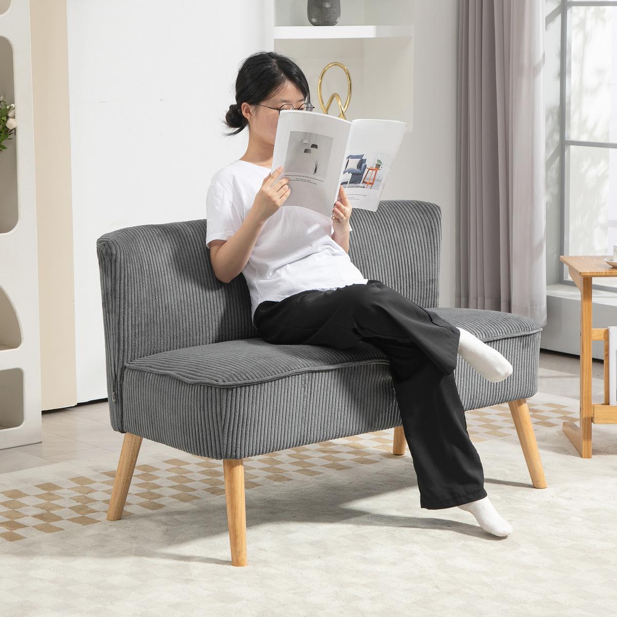 2 Sitzer Sofa, Gepolsterte Couch mit Kordoptik, Holzbeine für Wohnzimmer, Grau - Hellgrau/Naturfarben, Holz/Textil (56.5/77/117cm) - HOMCOM