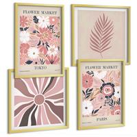 BILDER SET 4er Set - 50x50 cm & 40x60 cm Goldrahmen - Blumenmuster, Blätter, Geometrie - Goldfarben, Kunststoff (50/50cm) - TULUP