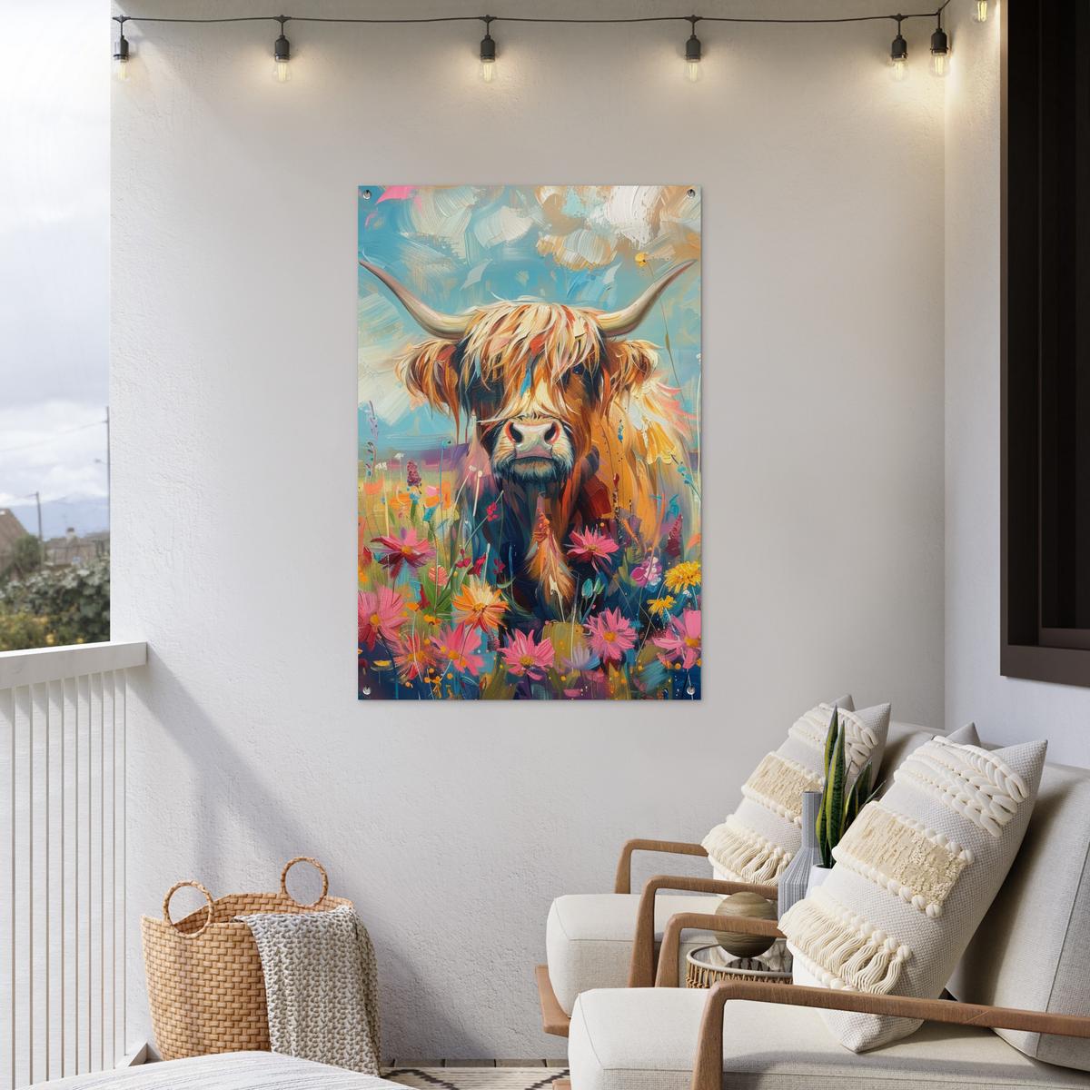 GARTENPOSTER Schottische Hochländer - Natur - Farbenfroh - Blumen Outdoor Bilder 80x120 cm - Hellblau, Kunststoff (80/120/0.2cm) - OnlyWow