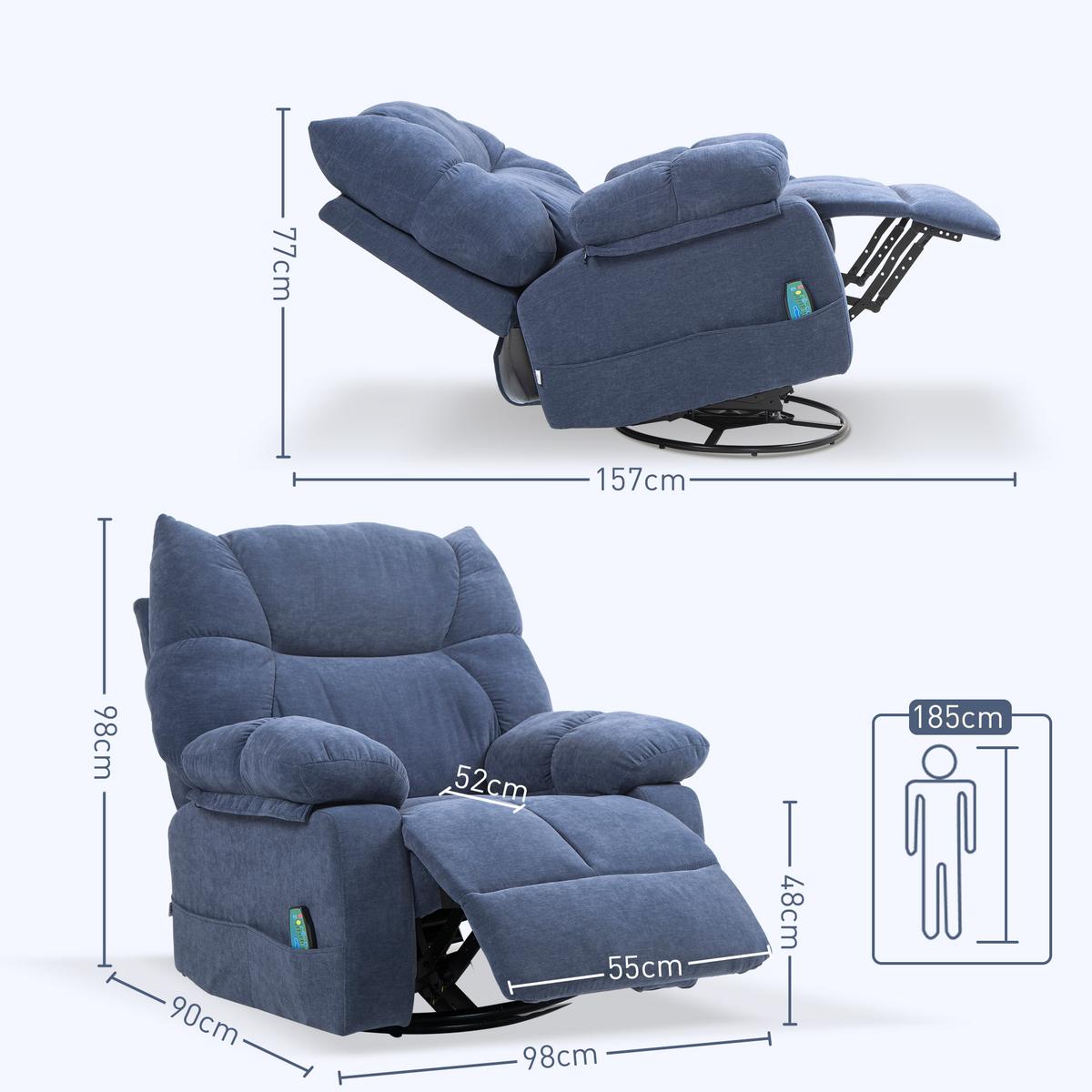 RELAXSESSEL mit Massagefunktion, Elektrisch Fernsehsessel mit Wärmfunktion - Blau/Schwarz, Textil/Metall (90/98/98cm) - HOMCOM