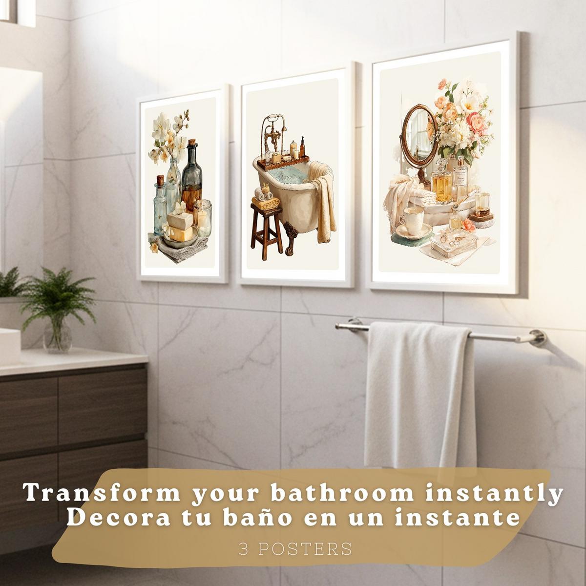POSTER 3er-Set dekorative Badezimmer-Wandbilder und, eleganter Vintage-Stil für Waschbecken, Dusche, WC mit Badewanne, Blumen und Spiegel Rahmenlos A4 - Klar, Papier (29.7/21/3cm) - Nacnic