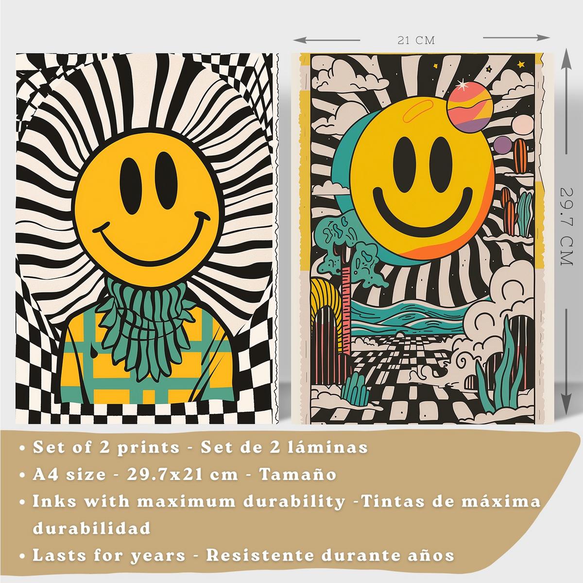 POSTER 4er Kunstdruck-Set Wandbilder Smiley Emoji modern Wohnzimmer Deko, Schlafzimmer, Küche, Badezimmer Weißer Rahmen A4 - Weiß, Papier (29.7/1/21cm) - Nacnic